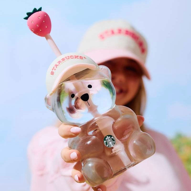 Starbucks White Baseball Cap strawberry Bear Handblown pink Bearista Glass