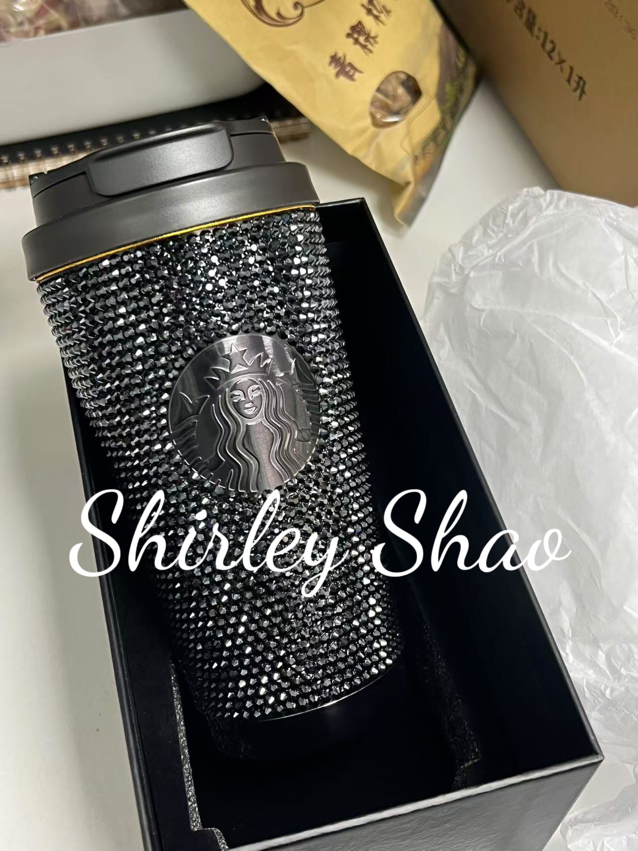 16oz Starbucks China 2024 Christmas Black Rhinestones Stainless Steel Cup
