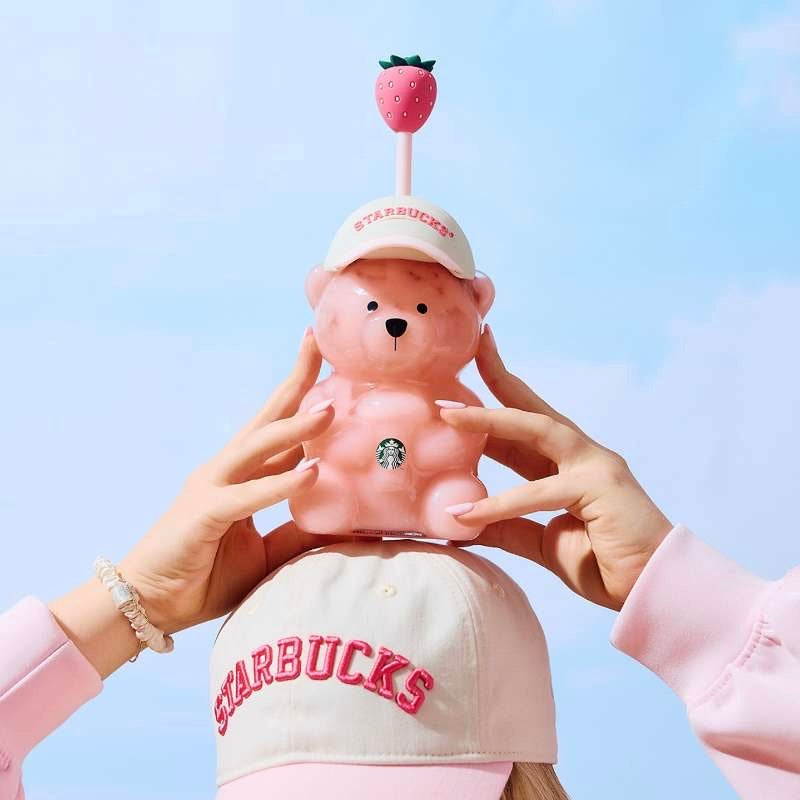 Starbucks White Baseball Cap strawberry Bear Handblown pink Bearista Glass
