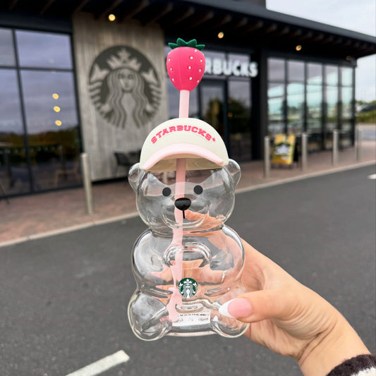 Starbucks White Baseball Cap strawberry Bear Handblown pink Bearista Glass