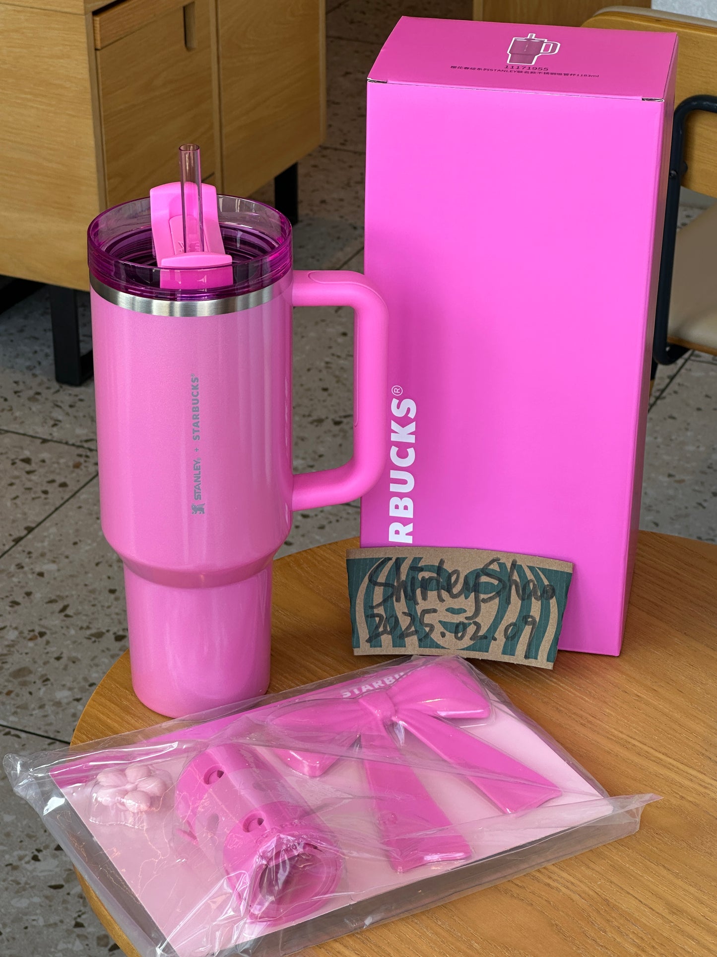 40oz China Starbucks Winter Pink Stanley with pink bow sleeve in original pink box