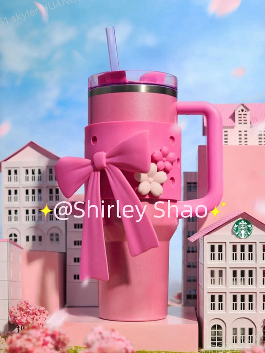 40oz China Starbucks Winter Pink Stanley with pink bow sleeve in original pink box