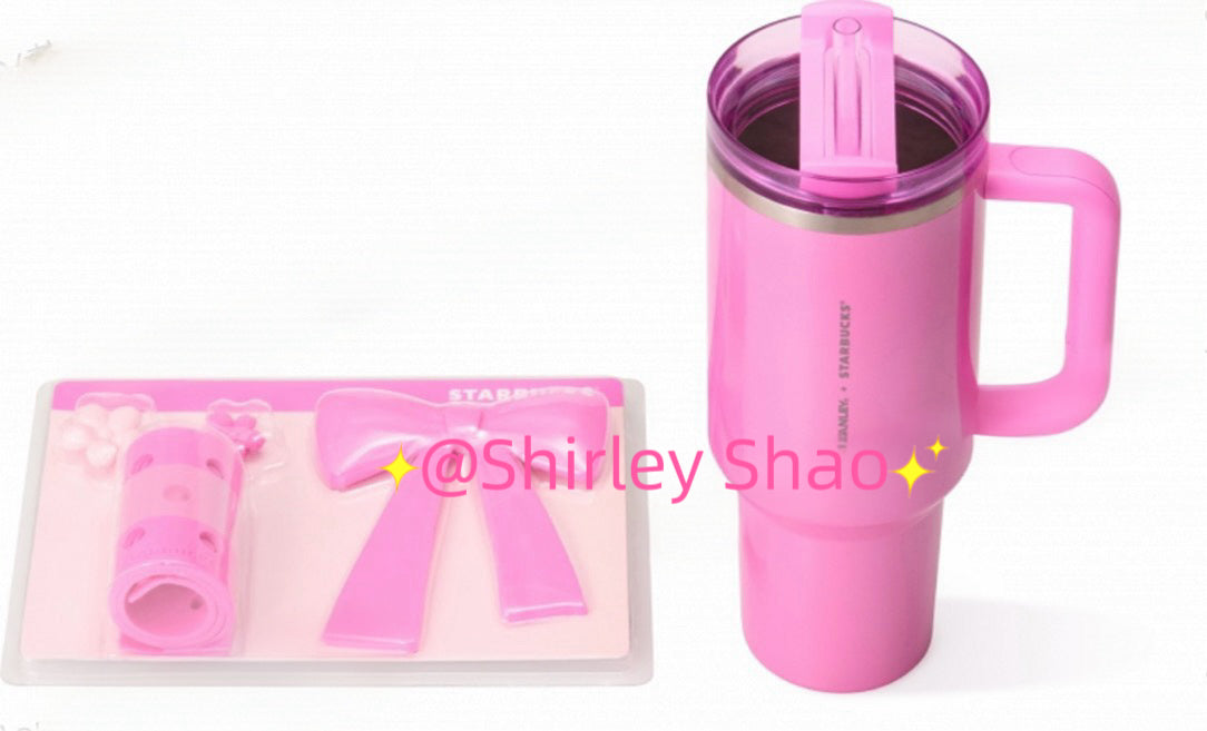 40oz China Starbucks Winter Pink Stanley with pink bow sleeve in original pink box