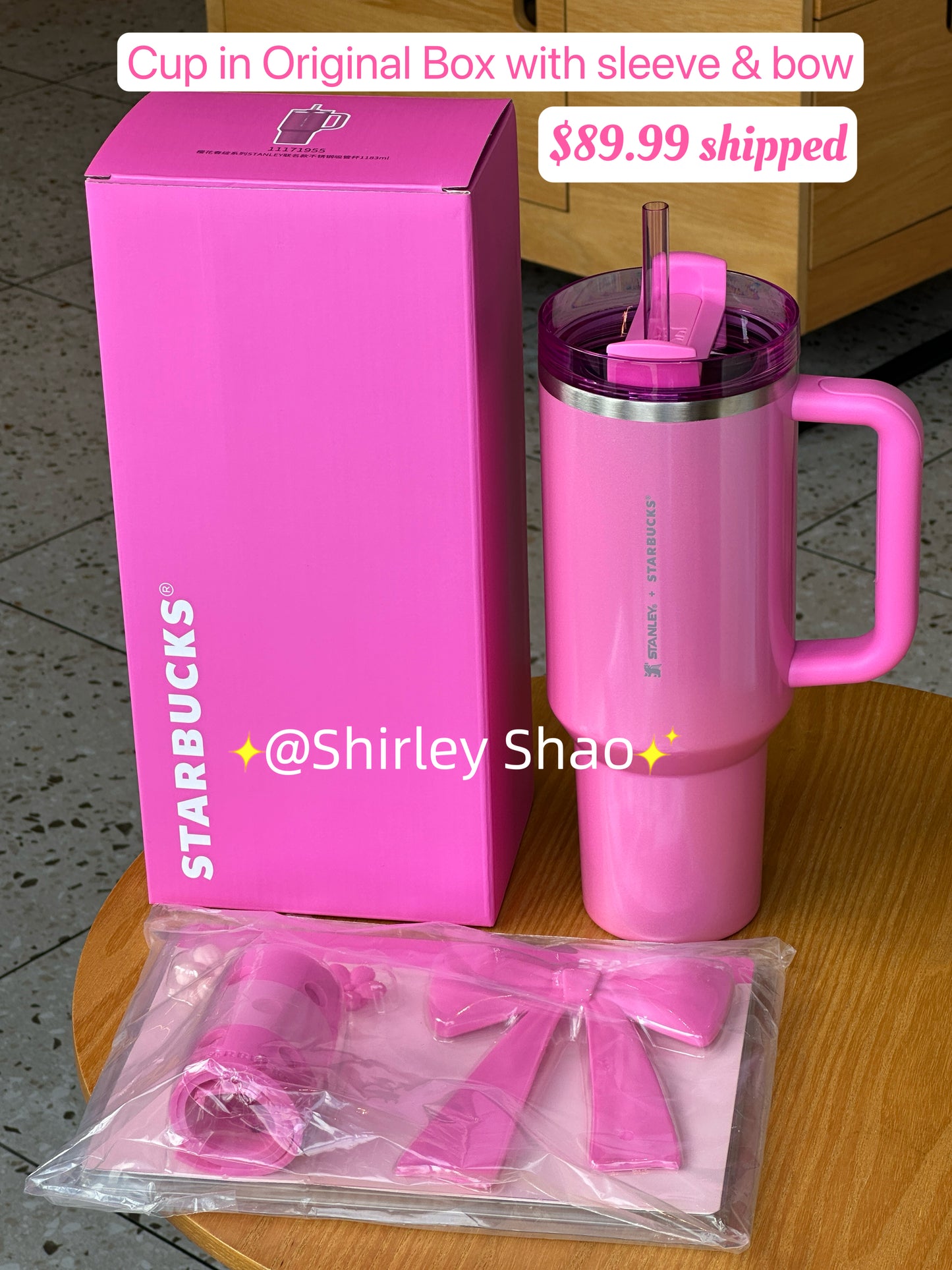 40oz China Starbucks Winter Pink Stanley with pink bow sleeve in original pink box